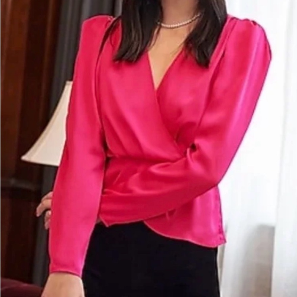 Express Satin Wrap Blouse in Hot Pink